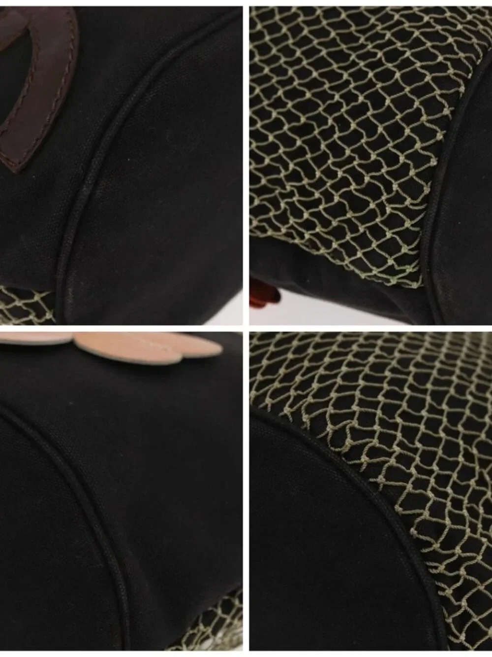 CHANEL Fishnet Camellia Clover Rope Bag Canvas Black Silver CC Auth am11426A